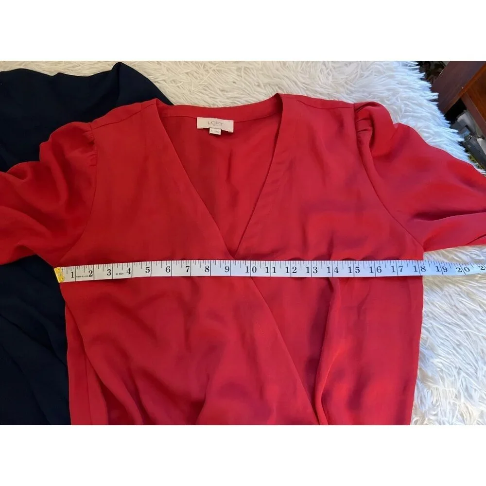 LOFT Navy and Red V-Neck Long Sleeve Blouse Set - Picture 4 of 6
